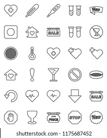 thin line vector icon set - sieve vector, arrow down, heart pulse, prohibition sign, no alcohol, cross, attention, glass, rec button, thermometer, vial, undo, stop, sale signboard, low price, new