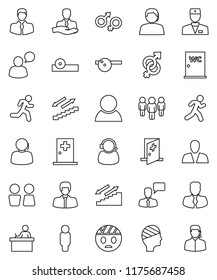 thin line vector icon set - water closet vector, student, manager, man, stairways run, support, client, speaking, doctor, gender sign, eye hat, head bandage, medical room, consumer