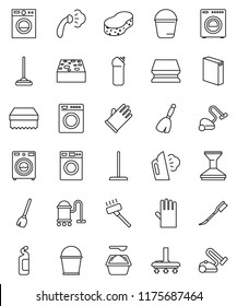 thin line vector icon set - broom vector, vacuum cleaner, mop, bucket, sponge, car fetlock, steaming, washer, washing powder, cleaning agent, rubber glove