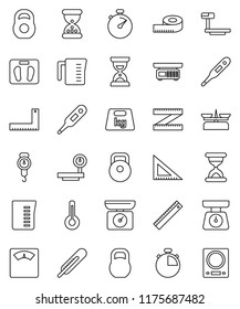 thin line vector icon set - measuring cup vector, scales, corner ruler, sand clock, stopwatch, weight, big, thermometer, store, kitchen