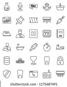 thin line vector icon set - iron vector, bath, house hold, copybook, school building, paper pin, flask, stopwatch, client, ship, calendar, glass, oil barrel, radio, tv, microphone, pause button, new