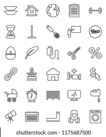 thin line vector icon set - mop vector, cleaner woman, cook timer, skimmer, mixer, plates, pen, blackboard, corner ruler, telescope, alarm clock, clipboard, bank building, dollar cursor, barbell