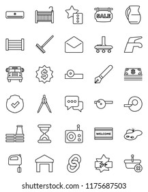 thin line vector icon set - water tap vector, vacuum cleaner, rake, welcome mat, mixer, jug, pen, drawing compass, school bus, dollar medal, wood box, warehouse, protected, radio, dialog, mail, pond