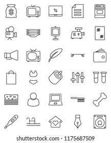 thin line vector icon set - fetlock vector, window cleaning, plates, oven, pen, notebook pc, presentation, document, wallet, swimsuite, skateboard, breads, bone, loudspeaker, tv, settings, rca, vial
