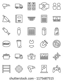 Thin Line Vector Icon Set - Soap Vector, Trash Bin, Toilet Paper, Water Closet, Pan, Colander, Rolling Pin, Hand Mill, Blender, Copybook, Calculator, Magnet, Target, Man, Swimsuite, Breads, Delivery