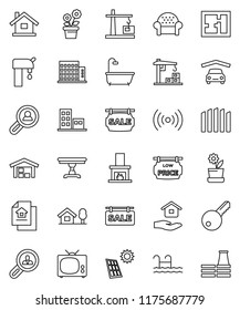 thin line vector icon set - house hold vector, chalet, pool, solar panel, water supply, garage, barn, fence, plan, estate document, sale signboard, low price, apartments, client search, key, table