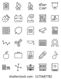 thin line vector icon set - book vector, graduate hat, university, pencil, school building, case, backpack, apple fruit, telescope, microscope, table lamp, calculator, schedule, medal, certificate