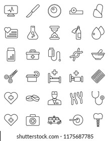 thin line vector icon set - flask vector, pills vial, heart monitor, cross, first aid kit, doctor bag, dna, insemination, scissors, scalpel, sand clock, stethoscope, blister, mortar, eye hat, potion