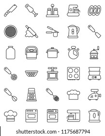 thin line vector icon set - pan vector, kettle, colander, cook hat, timer, press, whisk, skimmer, spatula, knife, rolling pin, hand mill, grater, oven, double boiler, spices, blender, plates, sieve