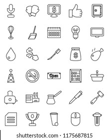 thin line vector icon set - scoop vector, trash bin, water drop, car fetlock, meat hammer, turk coffee, toaster, chicken leg, pen, award cup, abacus, document, safe, calendar, monitor dollar, cursor