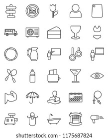 thin line vector icon set - bath vector, apron, cutting board, toaster, jug, cake, blackboard, school bus, jump rope, muscule hand, swimsuite, water bottle, no fastfood, hoop, gymnast rings, client