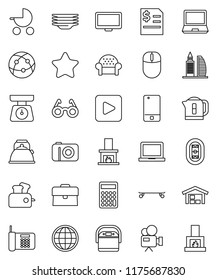 thin line vector icon set - plates vector, kettle, scales, glasses, notebook pc, case, annual report, calculator, skateboard, stadium, video camera, internet, mobile phone, monitor, play button