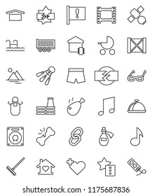 thin line vector icon set - rake vector, apron, dish, chicken leg, glasses, music, shorts, shuttlecock, attention, satellite, truck trailer, wood box, dry cargo, film frame, link, heart cross, pool