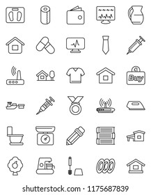 thin line vector icon set - toilet vector, brush, paper, plates, jug, book, pencil, wallet, tie, scales, medal, pills, port, syringe, diagnostic monitor, router, cottage, chalet, fruit tree, buy