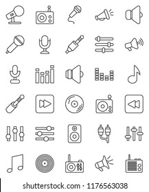 thin line vector icon set - music vector, disk, microphone, radio, speaker, loudspeaker, settings, equalizer, forward button, backward, rca, jack