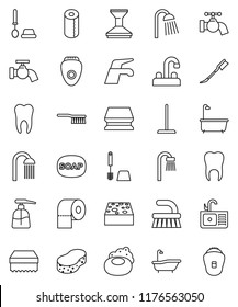 thin line vector icon set - soap vector, water tap, fetlock, mop, sponge, car, bath, toilet brush, liquid, paper, shower, sink, tooth, epilator