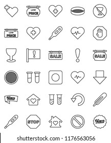 thin line vector icon set - sieve vector, arrow down, heart pulse, prohibition sign, no alcohol, cross, attention, glass, rec button, thermometer, vial, undo, stop, sale signboard, low price, new