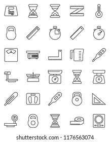 thin line vector icon set - measuring cup vector, scales, corner ruler, sand clock, stopwatch, weight, big, thermometer, store, kitchen