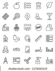 thin line vector icon set - trash bin vector, liquid soap, sink, cleaner woman, ruler, drawing compass, microscope, leaf, diet, oxygen, run, consolidated cargo, glass, equalizer, scissors, pills