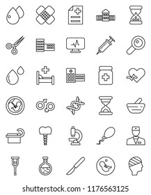 thin line vector icon set - school building vector, heart pulse, doctor, flask, gender sign, dna, magnifier, pregnancy, syringe, crutches, scissors, scalpel, sand clock, patch, pills bottle, mortar