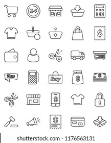 thin line vector icon set - cart vector, receipt, credit card, wallet, cash, money bag, new, 24 hour, shopping, store, customer, buy, reader, basket, calculator, auction, delivery, loudspeaker, lock