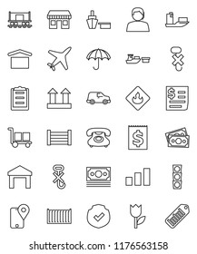 thin line vector icon set - Railway carriage vector, office, plane, money, traffic light, phone, support, traking, ship, sea container, car, receipt, port, wood box, clipboard, cargo, umbrella, dry