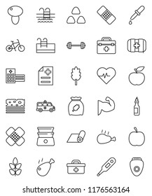 thin line vector icon set - double boiler vector, cereal, mushroom, chicken leg, oil, diet, barbell, heart pulse, bike, muscule hand, fitness mat, cereals, breads, pool, first aid kit, doctor bag