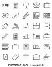 thin line vector icon set - trash bin vector, pencil, case, paper pin, archive, exam, binder, clipboard, phone, receipt, sorting, classic, network folder, router, attachment, calculator, projector