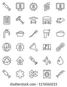 thin line vector icon set - scraper vector, water drop, car fetlock, foam basin, shining window, blender, exchange, dollar growth, medal, monitor, route, internet, ambulance star, gender sign, chain