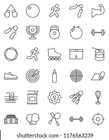 thin line vector icon set - award cup vector, barbell, stadium, weight, jump rope, hand trainer, punching bag, fitball, muscule, snickers, boxing glove, shorts, roller Skates, target, medal, pool
