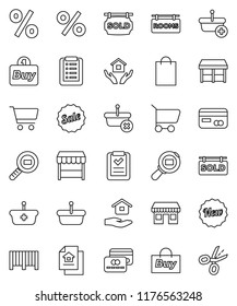 thin line vector icon set - house hold vector, cart, office, cargo search, estate document, rooms signboard, sold, credit card, sale, new, shopping bag, percent, market, buy, barcode, basket, list