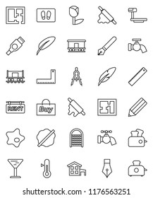 thin line vector icon set - water tap vector, splotch, welcome mat, washboard, rolling pin, thermometer, pen, pencil, corner ruler, drawing compass, Railway carriage, glass, tulip, big scales, hdmi