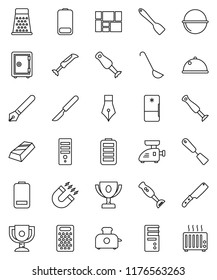 thin line vector icon set - camping cauldron vector, spatula, ladle, knife, grater, blender, dish, pen, award cup, magnet, gold ingot, safe, consolidated cargo, battery, scalpel, fridge, toaster