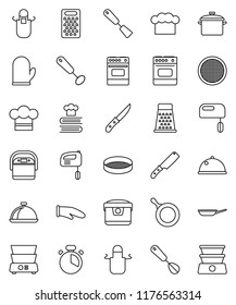 thin line vector icon set - pan vector, cook hat, apron, glove, timer, whisk, spatula, knife, grater, oven, double boiler, cookbook, sieve, dish, mixer, multi cooker
