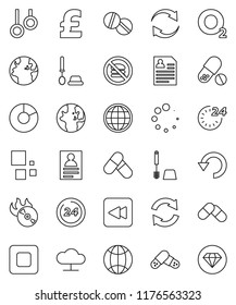 thin line vector icon set - toilet brush vector, world, personal information, pie graph, pound, pills, no fastfood, gymnast rings, oxygen, earth, music hit, stop button, backward, cloud network