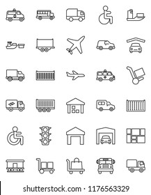 thin line vector icon set - school bus vector, plane, traffic light, ship, truck trailer, sea container, delivery, car, port, consolidated cargo, warehouse, Railway carriage, disabled, amkbulance