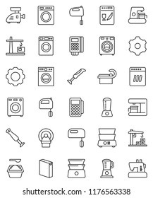 thin line vector icon set - washer vector, washing powder, mixer, double boiler, tomography, gear, construction crane, card reader, dishwasher, coffee maker, meat grinder, blender, sewing machine