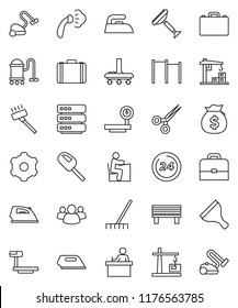 thin line vector icon set - scraper vector, vacuum cleaner, rake, iron, steaming, student, case, money bag, horizontal bar, big scales, group, scissors, data, gear, bench, construction crane