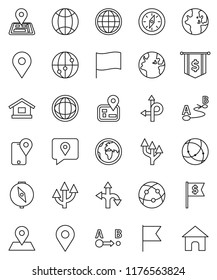 thin line vector icon set - compass vector, world, flag, dollar, route, navigator, earth, map pin, traking, internet, connection, globe, arrow, home