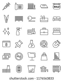 thin line vector icon set - clothespin vector, trash bin, shining, sprayer, case, paper pin, magnet, flask, dollar calendar, no smoking, stadium, phone, film spool, syringe, network folder, cottage