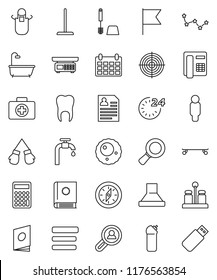 thin line vector icon set - mop vector, toilet brush, cleaning agent, apron, spices, compass, flag, magnifier, constellation, calculator, man, personal information, calendar, boxing glove, target