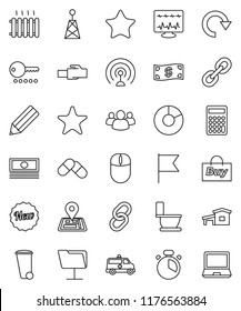 thin line vector icon set - trash bin vector, toilet, cook timer, pencil, flag, pie graph, cash, calculator, navigator, antenna, link, group, favorites, pills, amkbulance car, diagnostic monitor
