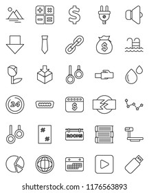 thin line vector icon set - window cleaning vector, book, world, constellation, pie graph, money bag, arrow down, tie, dollar calendar, sign, pool, gymnast rings, tulip, package, big scales, speaker