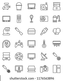 thin line vector icon set - vacuum cleaner vector, bucket, sponge, skimmer, spatula, double boiler, table lamp, monitor dollar, punching bag, boxing glove, film spool, radio, hdmi, thermometer, tv