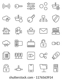 thin line vector icon set - document vector, video camera, mobile phone, social media, forward button, connect, server, network folder, cloud lock, exchange, equalizer, shield, usb modem, share, key