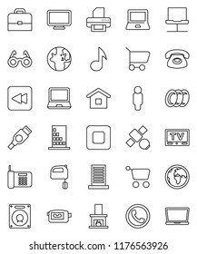 thin line vector icon set - plates vector, mixer, glasses, case, notebook pc, music, world, man, earth, satellite, tv, video camera, stop button, backward, hdmi, network, fireplace, building, phone