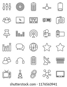 thin line vector icon set - satellite antenna vector, disk, camera, tv, settings, equalizer, video, internet, dialog, headphones, notebook pc, social media, link, group, favorites, thumbtack, hub