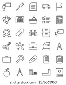 thin line vector icon set - school building vector, blackboard, corner ruler, drawing compass, glasses, student, case, apple fruit, atom, pen, table lamp, calculator, schedule, clipboard, medal, bus
