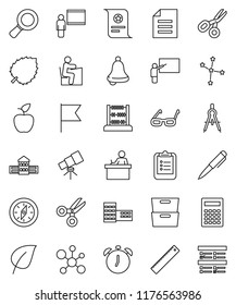 thin line vector icon set - school building vector, blackboard, ruler, drawing compass, glasses, student, apple fruit, pen, telescope, bell, calculator, alarm clock, clipboard, certificate, scissors