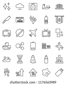 thin line vector icon set - towel vector, shining, splotch, knife, bbq, school building, percent growth, sand clock, dollar flag, scales, water bottle, route, plane, ship, tv, battery, cloud network